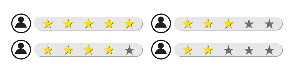 Product rating or customer review with gold stars set collection. Graphic symbol flat design interface illustration elements for app ui ux web banner button vector isolated on white background