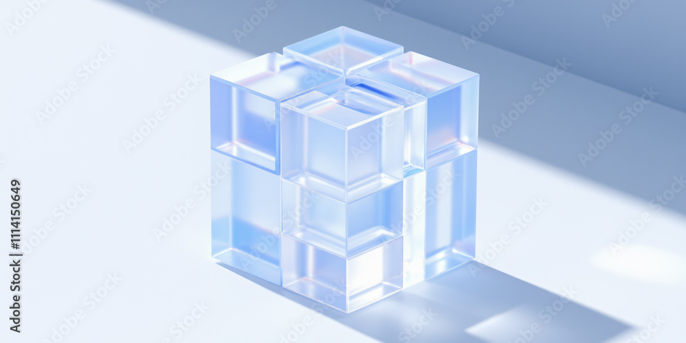 Poster a modern abstract sculpture composed of translucent cubes reflecting light in various angles, showca