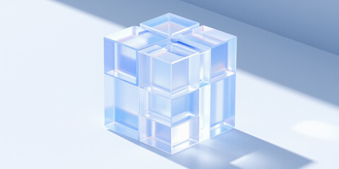 A modern abstract sculpture composed of translucent cubes reflecting light in various angles, showcasing contemporary design and artistic expression in a minimalist setting.