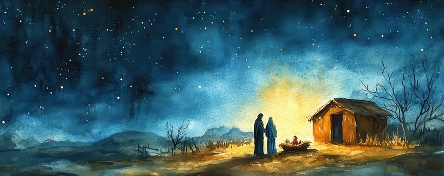 Watercolor painting representing Nativity scene in Bethlehem. Christmas scene illustration showing holy family baby Jesus in the manger Joseph and Mary. Banner Copy space