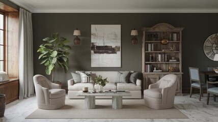 Elegant Modern Living Room with Earthy Tones and Cozy Decor. Discover a serene living room showcasing a blend of modern design and earthy elements, perfect for relaxation and style.