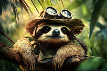 Fototapeta premium sloth with binoculars exploring safari jungle greenery as a cute adventurer in nature with tropical foliage and trees