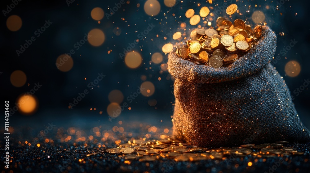 Poster golden coins exploding from a sack on a dark background