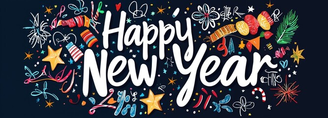 Happy New Year Festive Ornaments and Starry Night Design