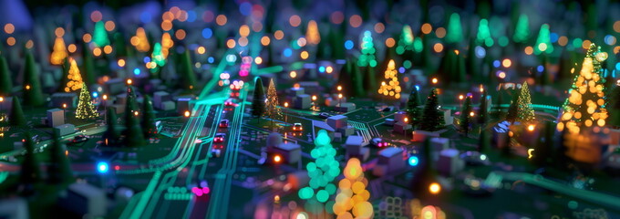 Obraz premium Christmas in electronic or electronics city. HOliday season semiconductor industry or future smart city.