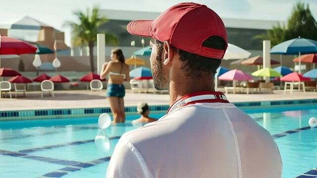 Lifeguard Monitoring Pool Area at Waterpark Ready to Assist