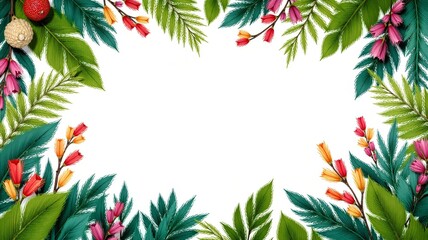 Lush tropical plants frame the image, vibrant flowers and exotic animals peeking through, creating a lively, colorful scene