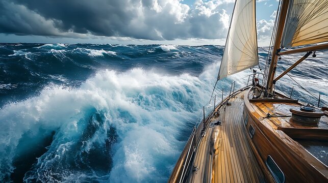 Classic sailboat navigating stormy ocean waves.