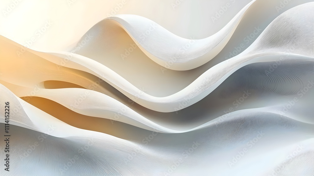 Poster an abstract composition featuring smooth, flowing waves in soft white and beige tones, creating a se