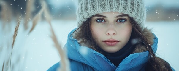 young woman in blue parka with hat, winter fashion