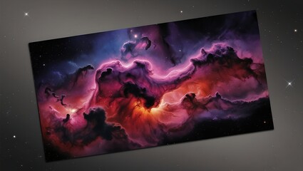 Fototapeta premium Vibrant digital artwork of a glowing nebula in space, with swirling clouds of purple, pink, red, and orange set against a dark starry background, creating dynamic depth.