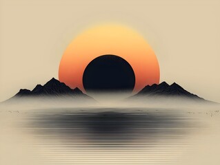 A stunning digital artwork featuring stylized mountains silhouetted against a vibrant sunset. The sun, a glowing orange, contrasts with a rich black circle, creating a serene atmosphere.