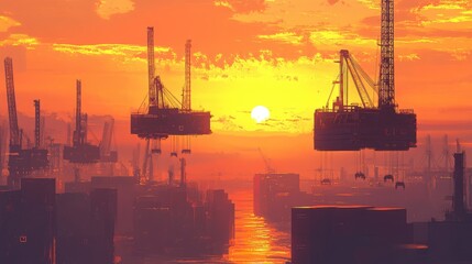 Obraz premium Sunset silhouette of cranes lifting containers, warm hues painting the sky, [shipping yard], [sunset elegance]