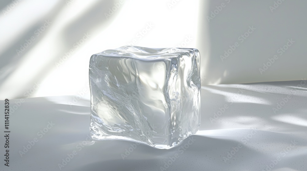 Poster a clear ice cube sits elegantly on a white surface, reflecting light with smooth contours, surrounde