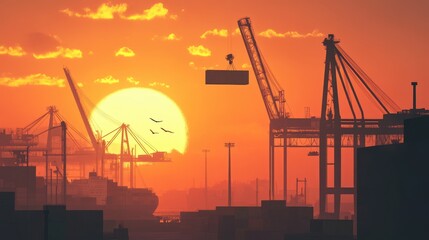 Fototapeta premium Sunset silhouette of cranes lifting containers, warm hues painting the sky, [shipping yard], [sunset elegance]