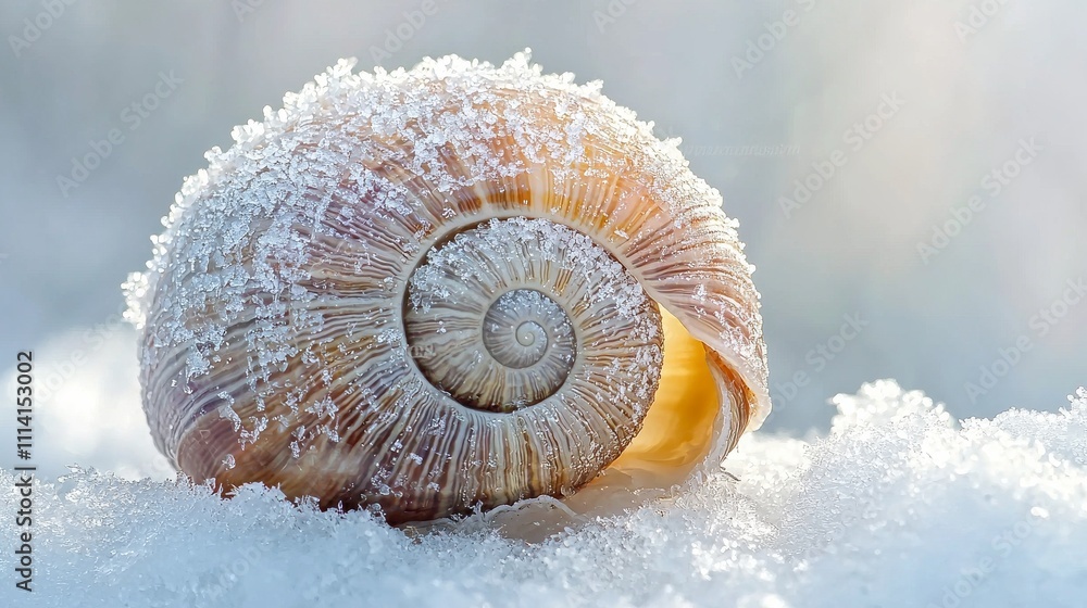 Aufkleber a delicate snail shell covered in frost rests on a bed of soft snow, creating a serene winter scene.