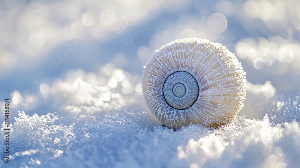 Poster a close-up of a round, textured object resting on a snowy surface, surrounded by crystalline frost a