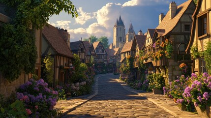 Naklejka premium Charming cobblestone street in a picturesque medieval village, bathed in warm sunlight.