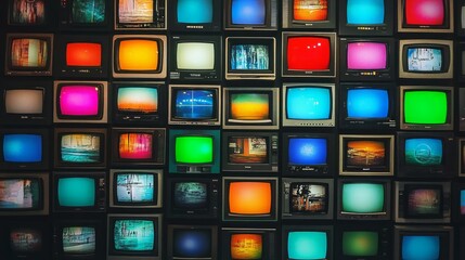 Wall of televisions displaying various colorful broadcasts