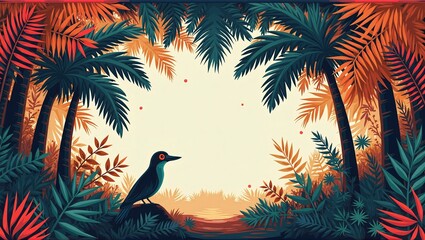 Lush tropical plants frame the image, vibrant flowers and exotic animals peeking through, creating a lively, colorful scene