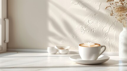 A serene coffee setting with a cup, saucer, and decorative vase on a marble surface.