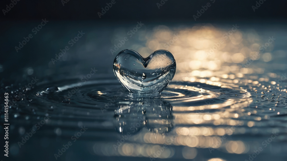Poster a heart-shaped drop of water floats on the surface of the water, creating ripples. this image symbol