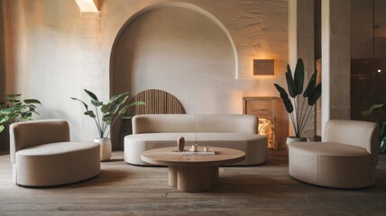 Fototapeta premium Modern Minimalist Living Room with Cozy Furniture and Greenery. Explore this serene minimalist living room featuring elegant beige furniture, soft lighting, and lush plants. Perfect for a st...