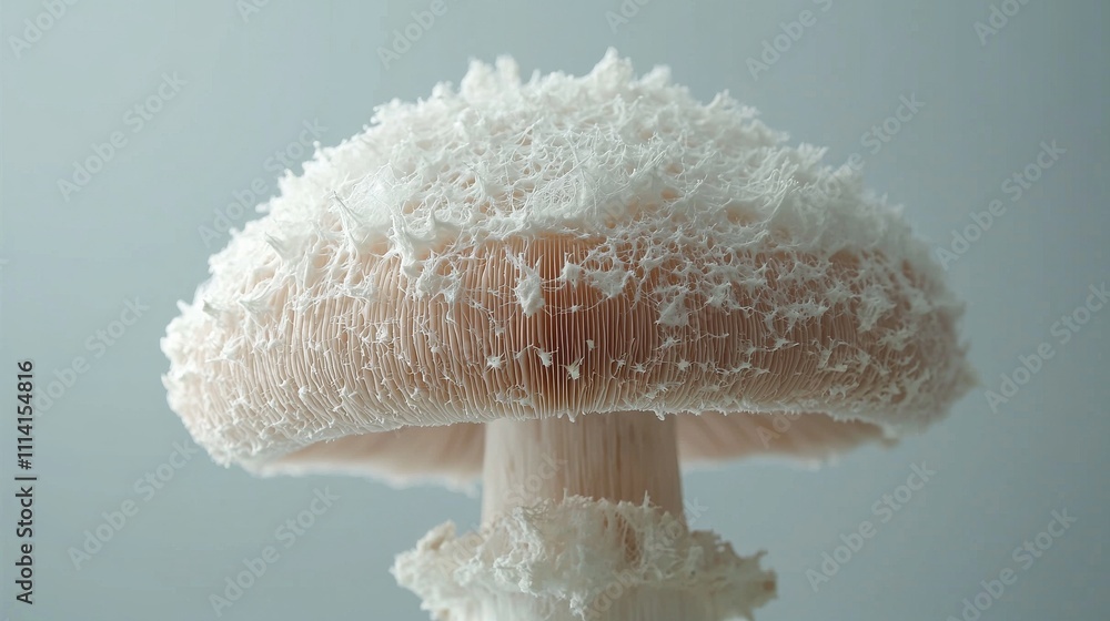 Poster a close-up of a white mushroom with a textured cap, showcasing its unique features and delicate stru