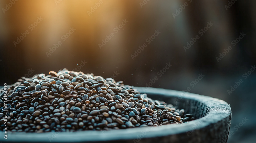 Poster a macro shot of seeds in a bowl, focusing on their intricate details and textures, with subtle natur