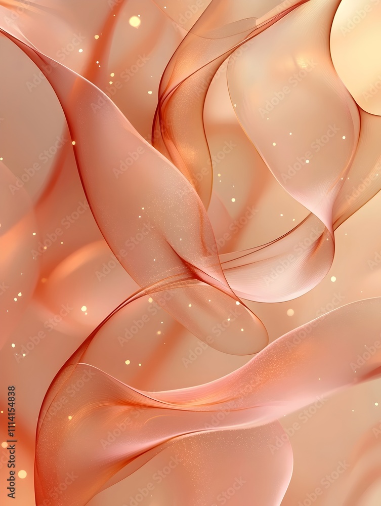 Poster an abstract composition featuring flowing orange and peach translucent waves, creating a soft and et