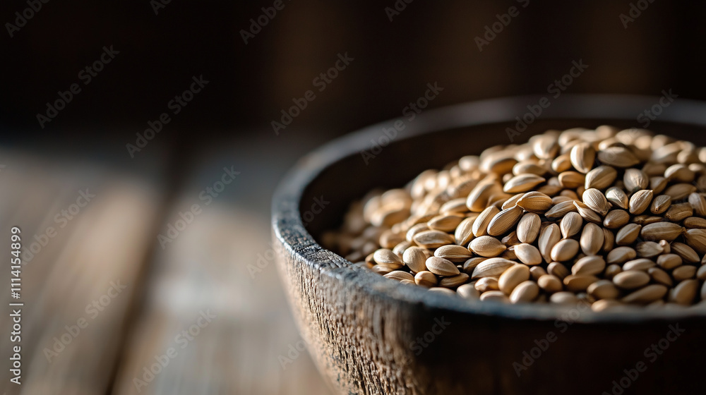 Poster A macro shot of seeds in a bowl, focusing on their intricate details and textures, with subtle natural lighting creating depth