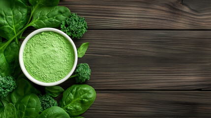 Fototapeta premium A ceramic bowl filled with vibrant green protein powder, surrounded by fresh spinach and kale leaves on a rustic wooden table