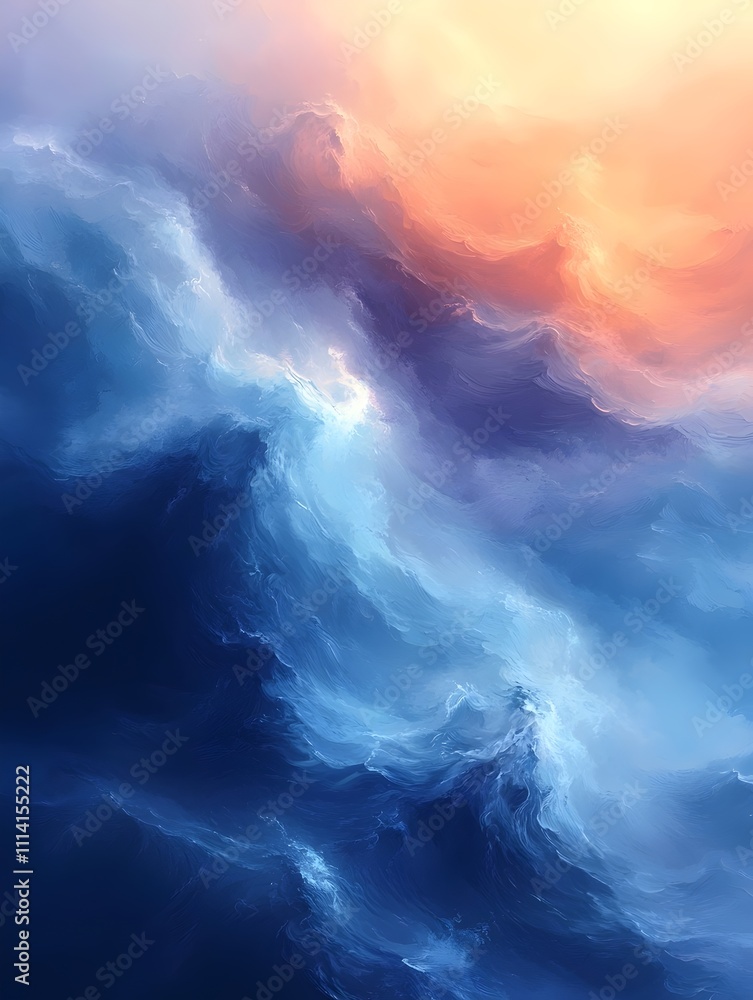 Poster an abstract depiction of vibrant ocean waves, blending deep blues and soft oranges, creating a seren