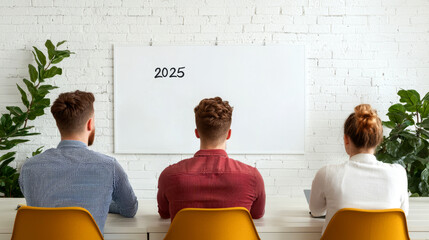 Business plan 2025 and marketing concept. Three people viewing a blank presentation board in a modern setting.
