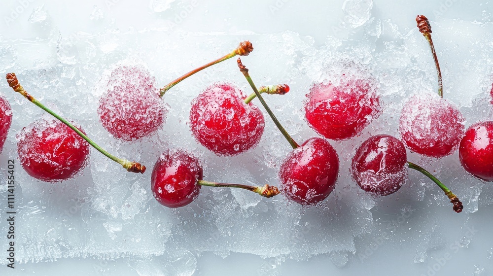 Poster fresh red cherries coated with frost sit on ice, creating a visually appealing contrast of colors an