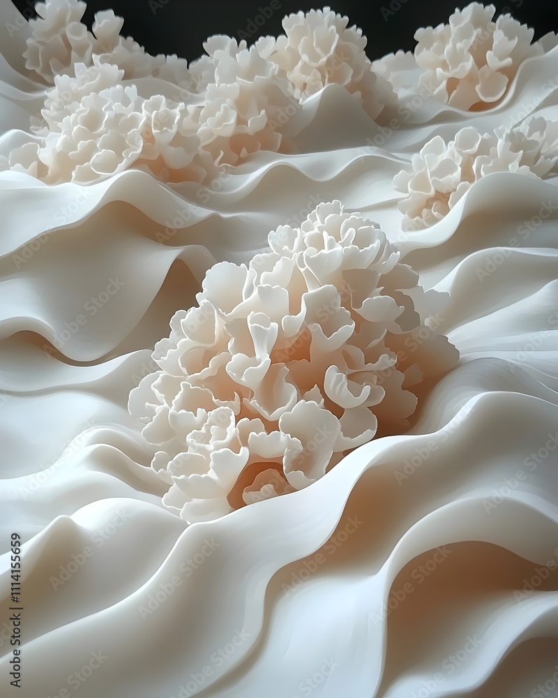 Poster an abstract composition of soft, flowing shapes resembling waves, adorned with delicate cream-colore