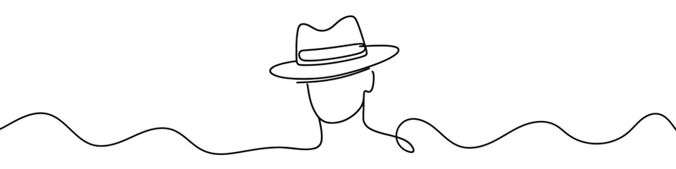 Minimalist vector illustration featuring a continuous line drawing of a fedora hat partially obscuring a face