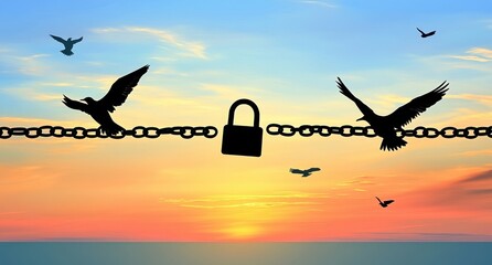 Silhouette of birds flying from broken chains and a red padlock at sunrise, symbolizing freedom