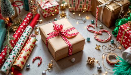 Festively Wrapped Christmas Gifts in Various Sizes and Colors, Shiny Gold Wrapping Paper, Brown Paper with Red Polka-Dot Ribbon, Rolls of Wrapping Paper, Candy Canes, and Ornaments