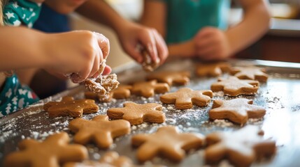 Children decorating gingerbread cookies on a baking tray, creating festive treats in a warm kitchen setting.