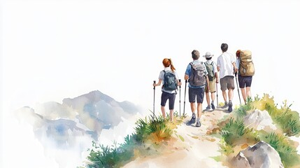 People and community gathering concept. Group of hikers on a scenic mountain trail in a watercolor style. watercolor style.