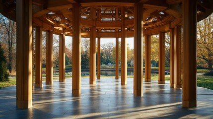 Fototapeta premium Wooden Pavilion Overlooking Autumnal Park Landscape