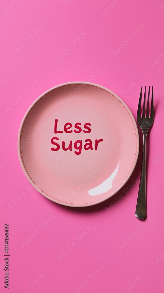 Poster promoting a low sugar lifestyle with a pink plate displaying less sugar on a vibrant backdrop, empha