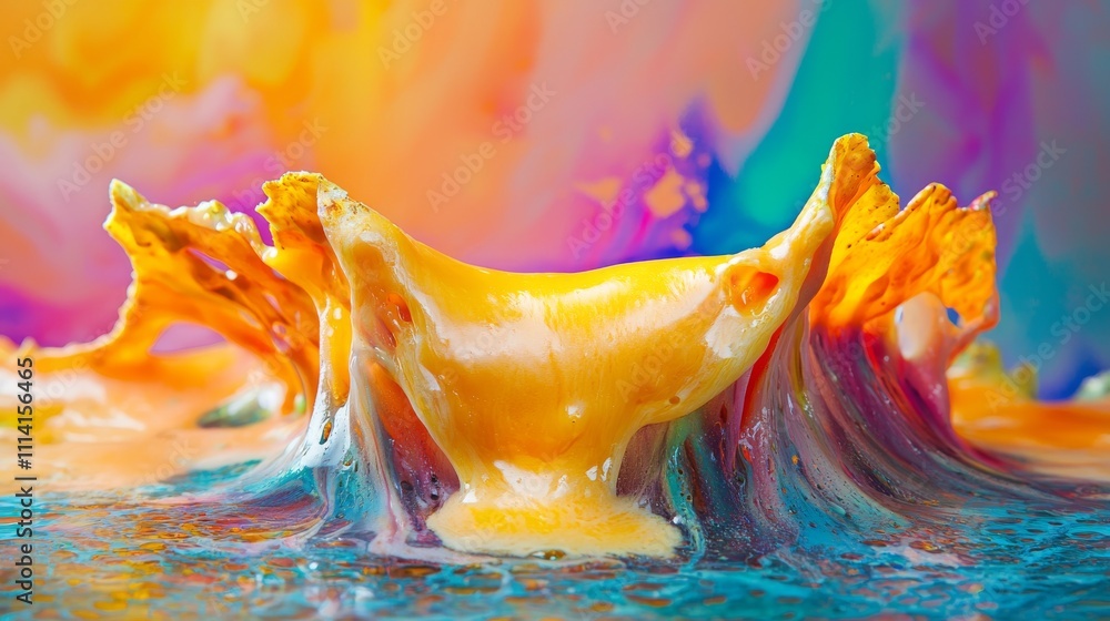 Poster a vibrant splash of yellow liquid contrasts against a colorful, abstract background, creating a dyna