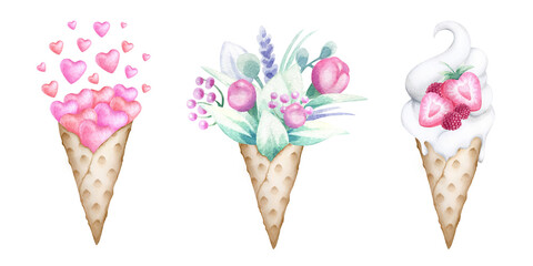 Waffle cone with flying hearts, bouquet of flowers and strawberry ice cream. Hand draw watercolor isolated illustrations set for Valentines, Mother and Women Day greeting card, invitation and designs.