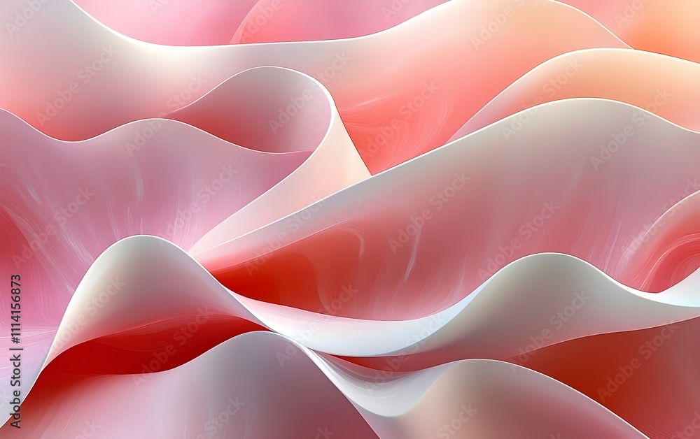 Poster an abstract wave pattern featuring soft hues of pink and white, creating a smooth and flowing textur