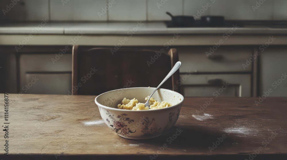 Poster a bowl of uncooked pasta dough sits on a rustic wooden kitchen table with a fork inside, suggesting 