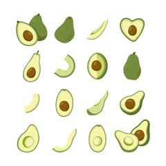 Green avocado whole and halves vector collection. Hand drawn cartoon fruit illustration.