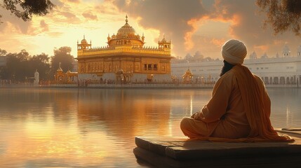 A serene illustration of Guru Nanak Dev Ji with the Golden Temple, representing Sikh spirituality and devotion