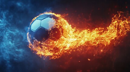 Fototapeta premium Fiery Football On A Dark Backdrop The Ball Exploding, With Flames, Sports Intensity,